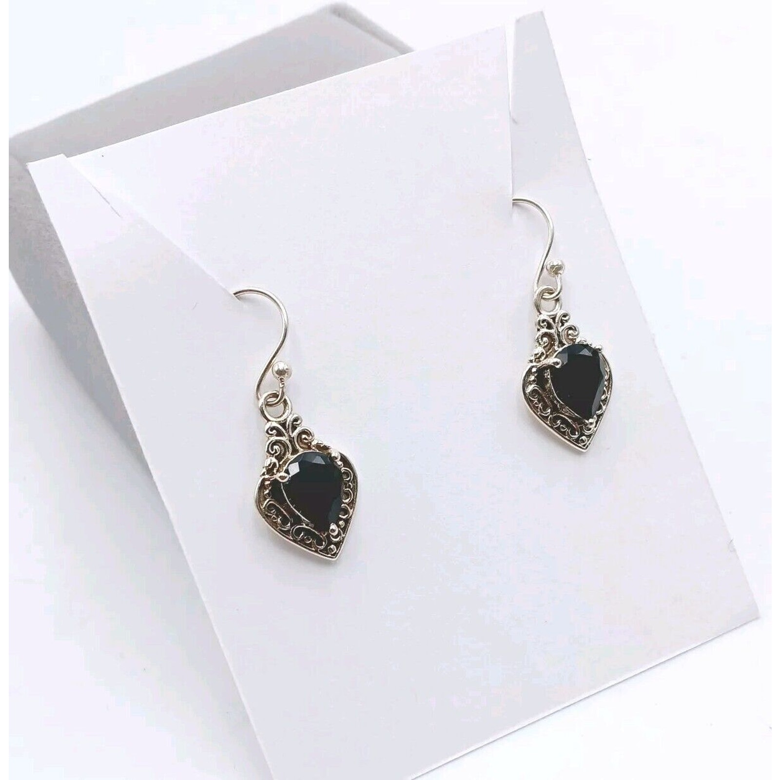 Vtg 925 Solid Sterling Silver Black Onyx Natural Pear Shape Drop Earrings